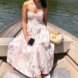 Vintage Urban Outfitters Strapless Floral Midi Dress - Pink and White Size S